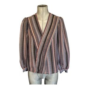VTG Women’s V-Neck Striped Wrap Blouse in Gray and Pink